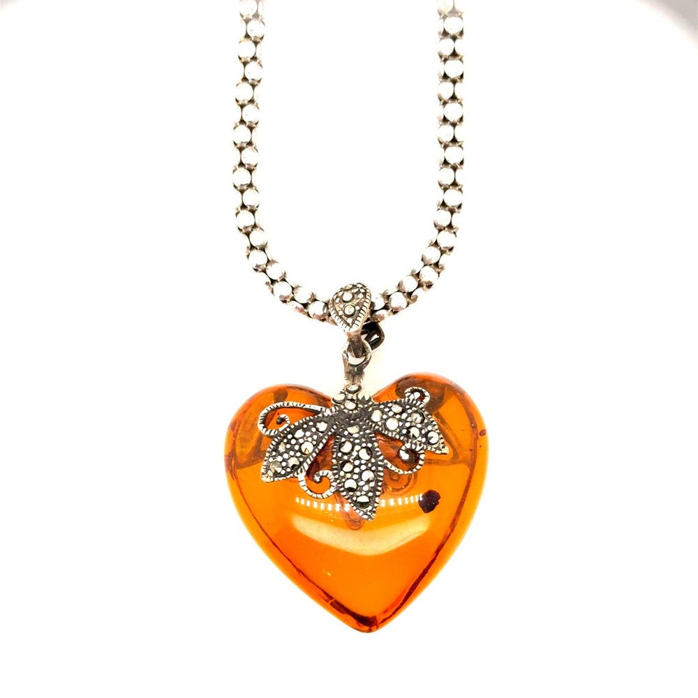 Sterling Silver Amber Heart Marcasite Butterfly Necklace 16in Popcorn Chain 25g